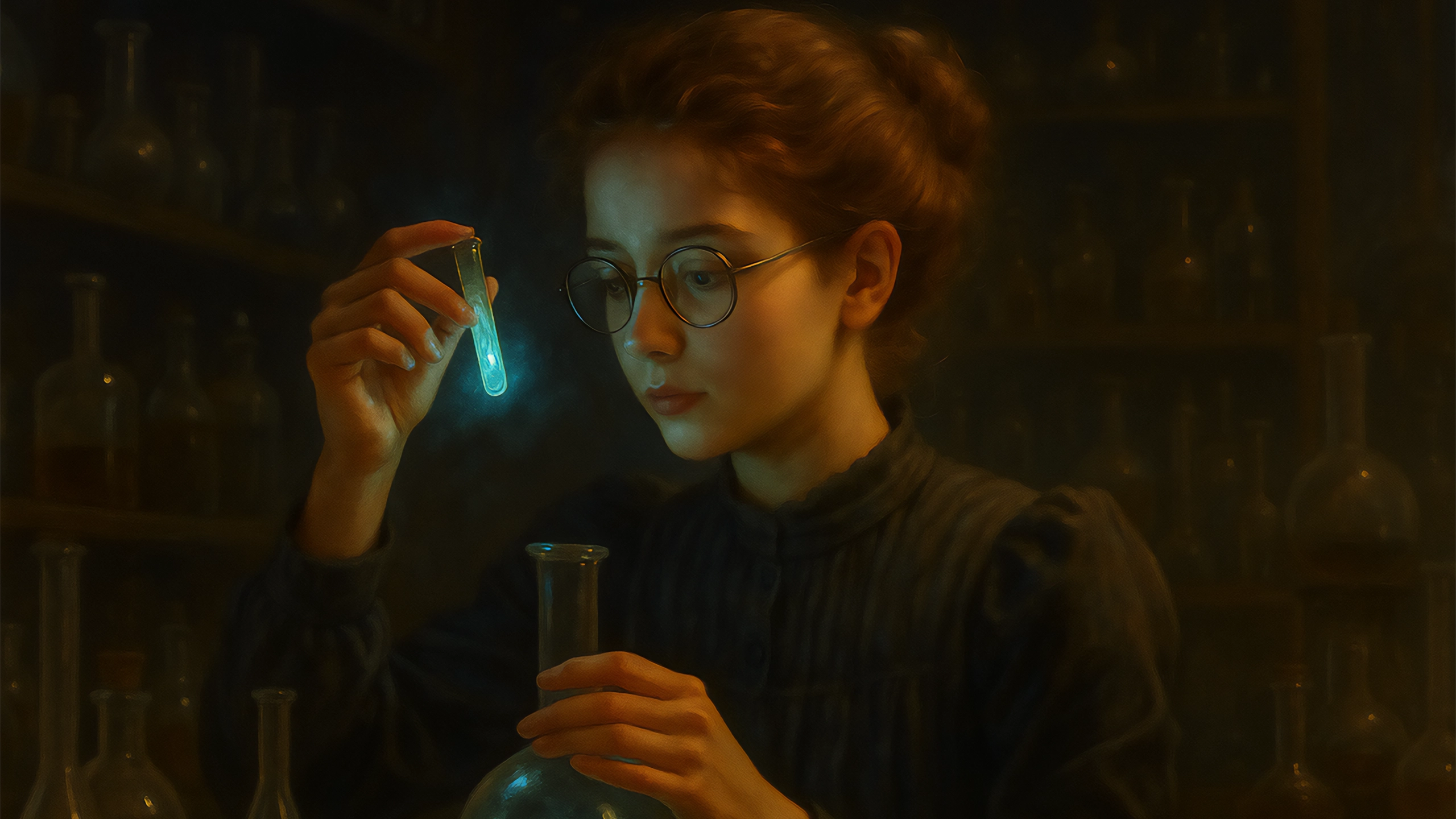 Scientist looking at glowing substance