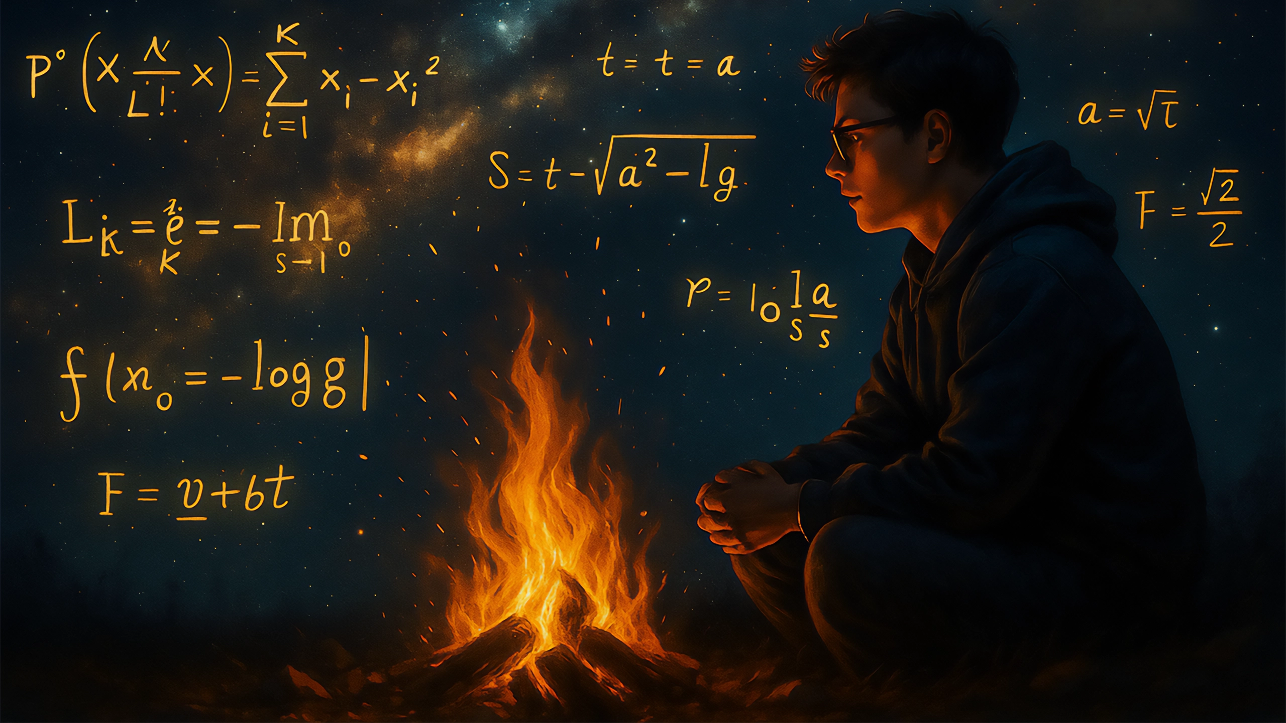 Person thinking with formulas in the air